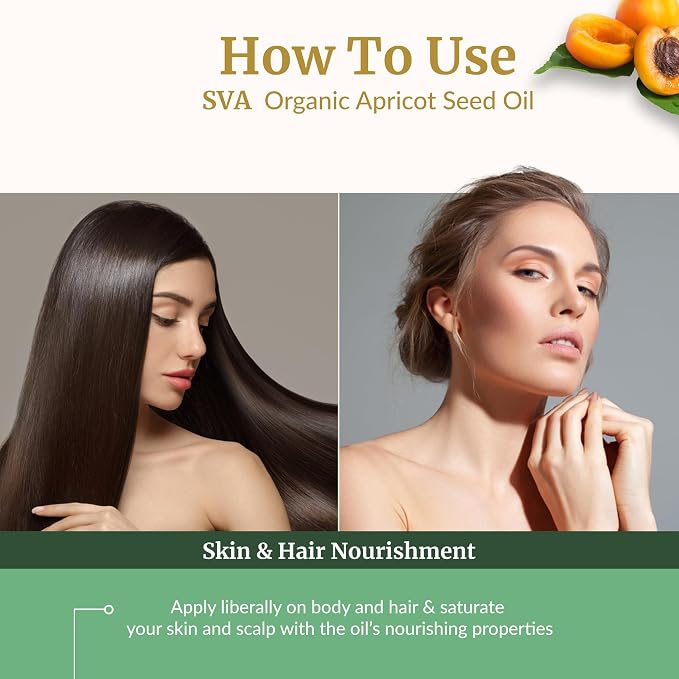 SVA Apricot Seed Oil Organic - 4 Fl Oz – 100% Natural Cold Pressed Organic Apricot Oil - for Face, Skin Care, Hair Care, Scalp Massage & Body Massage – Carrier Oil with Dropper