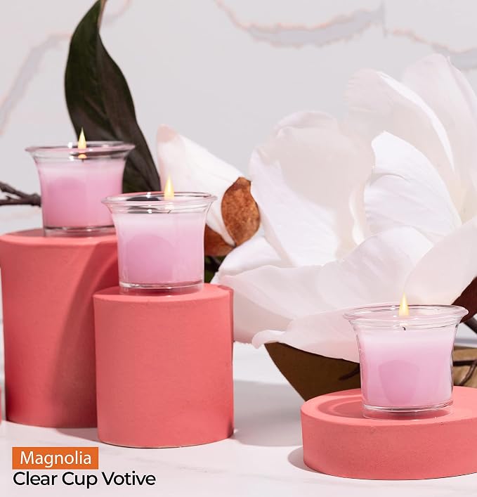 HYOOLA Clear Cup Scented Votive Candles - Magnolia - 12 Hour Burn Time - 4 Pack - European Made