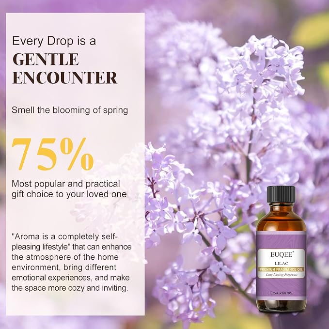 EUQEE Lilac Fragrance Oil, 60ml Premium Lilac Scented Oil Essential Oils with Glass Dropper for Diffusers, DIY Soap & Bath Bombs (2.02 Fl oz)