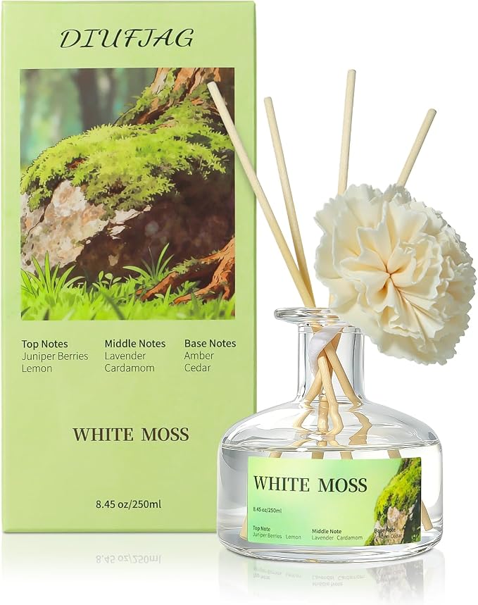 8.45 oz White Moss Scent Diffusers with 6 Reed Sticks,250ml Reed Diffuser for Bathroom Room Air Freshener, Last up for 50 Days