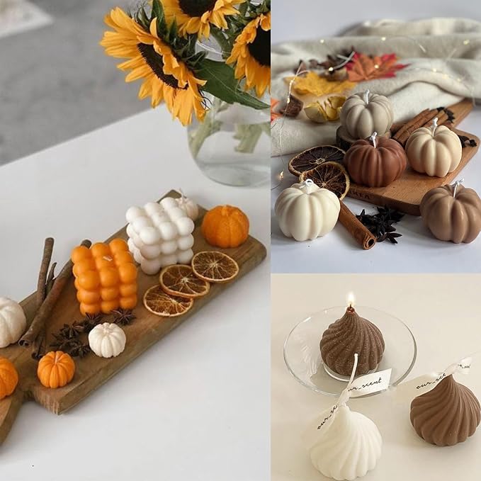 6pcs Silicone Candle Making Molds Kit Set, 3D Silicone Mold for Baking Desser, Soy Wax, Soap Geometric Pumpkin Shapes Yarn Ball Bubble Cube Molds DIY Scented Candle