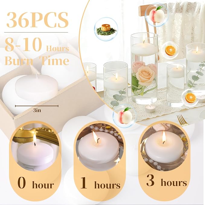 3 Inch Vanilla Sugar Scented Floating Candles,36 Pack White Floating Disc Candles, 8-10 Hour Long Burning for Wedding Centerpieces, Home Spa, Holiday Party & Pool Decor,Outdoor Dinners
