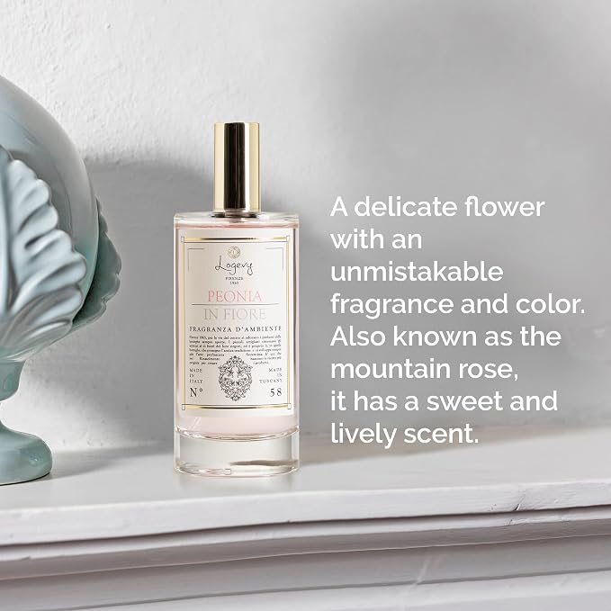 Logevy Firenze 1965 Peonia in Fiore – Peony in Bloom Luxury Home Fragrance Spray from Master Perfumer in Italy with Sweet Floral Notes to Captivate The Senses & Enliven Any Room – 100ml