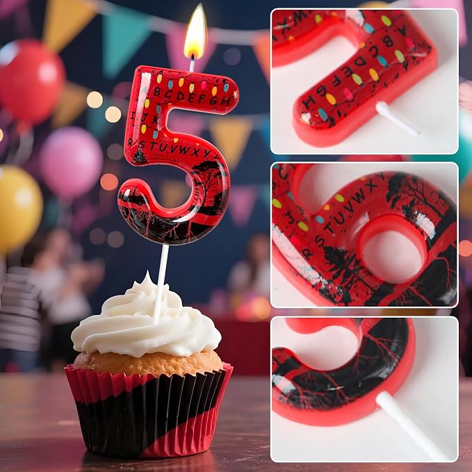Red Number 5 Birthday Candle for Cake – Dark Horror Style with Alphabet Print & Shadow Design – Unique Cake Topper for Birthday, Anniversary, Themed Party Decoration
