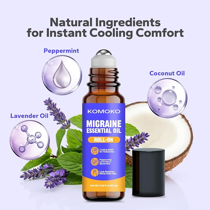 Komoko Migraine Essential Oil Roll-On (0.34 Fl Oz), Soothing Scented Roller for Headache Support, Natural Aromatherapy Essential Oil Roll-On with Coconut, Peppermint, Rosemary & Lavender Oils