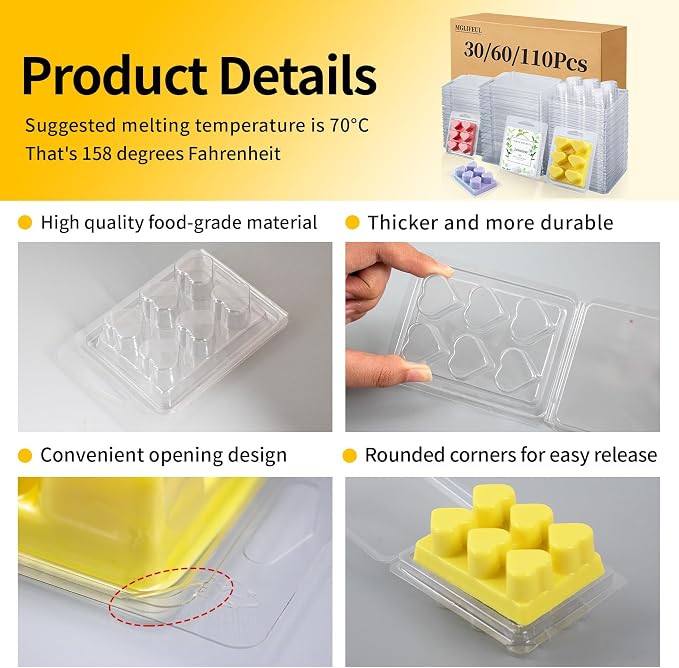 MGLIFEUL Wax Melt Container Clamshell Packaging Mold Box Stand for Plastic Clear Empty Wax Candle Melt Tart Packaging Cube Container Clamshell Mold Holder Organizer Tray Empty Shape Bulk wth Lids