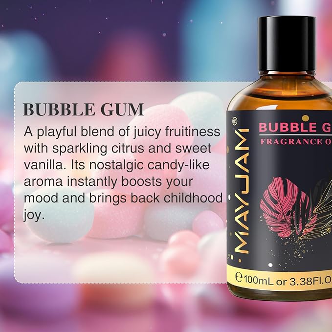 MAYJAM 100ML/3.38FL.OZ Bubble Gum Fragrance Oils with Glass Dropper, Essential Oils for Diffusers for Home, Long Lasting Scented Oils for Diffusers Soap Candle Making