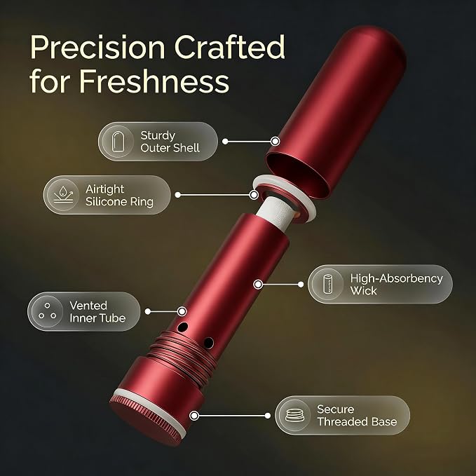 No-Leak Metal Aromatherapy Inhaler, Essential Oil Nasal Diffuser Featuring Wick Holder for Easy Filling & Long-Lasting Scent, BPA-Free Travel Stick for Anxiety Relief - Red