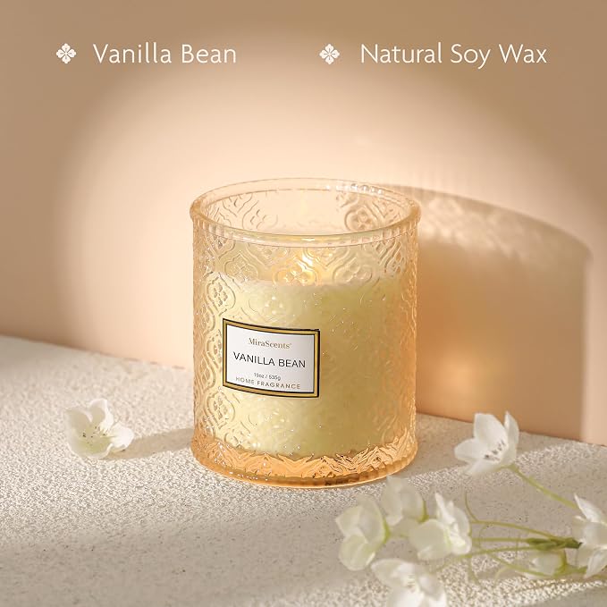 Vanilla Bean Candle, Large Decorative Glass Candle 19oz, Luxury Soy Wax Scented Candle Gift for Women, Home Fragrance for Living Room