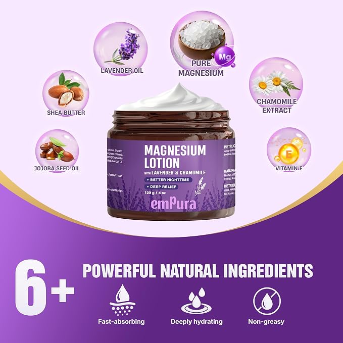 EMPURA Magnesium Lotion with Lavender & Chamomile – Fast Absorbing Magnesium Cream for Relaxation & Muscle Relief, Hand Leg or Foot Lotion, Self Care Gifts for Women, Relaxing Gifts For Women (4oz)