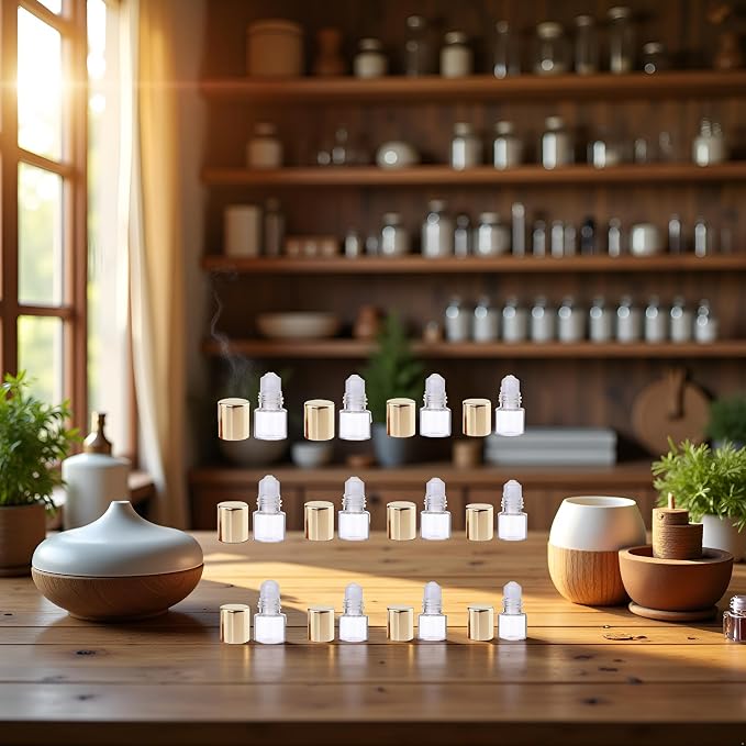 Glass Essential Oil Roller Bottles,12 Pcs Gold 1ml Mini Glass Roll on Bottles Roller Refillable Essential Oil Aromatherapy Sample Vials Container, Refillable Cosmetic Roller Bottles