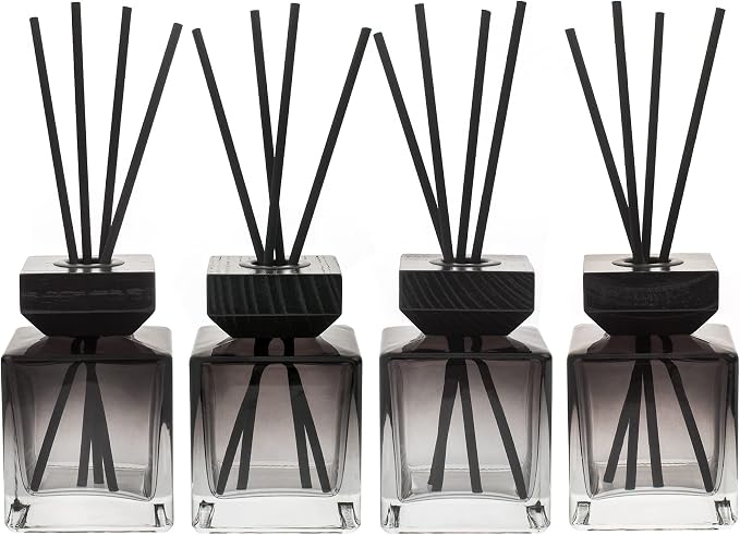 Fragrance Glass Diffuser Bottles Diffuser Jars with caps and Rattan Stick Set of 4 pcs 200ml Fragrance Accessories use for DIY Replacement Reed Diffuser Sets (Black)