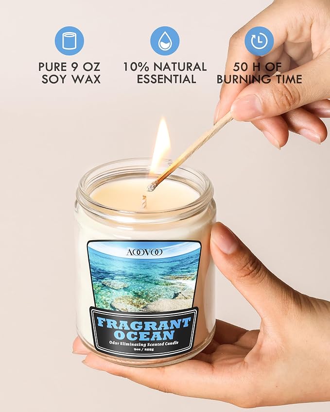 AOOVOO Fragrant Ocean Odor Eliminating Candle - Up to 50 Hours Burn time, Eliminates 95% of Pet, Smoke, Food, and Other Smells Quickly, 9 oz Non Toxic Highly Fragranced Air Freshing Soy Candle