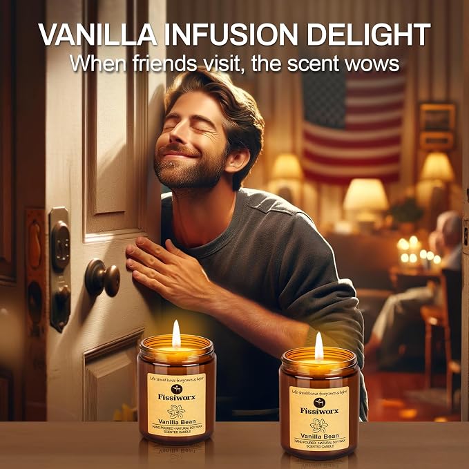 Fissiworx Vanilla Scented Candle Set 2 Pack, Candle for Home Scented, Odor Eliminating, Stress Relief, 15oz, 110 Hours Long Lasting Candles, Soy Candle Gift Set for Women
