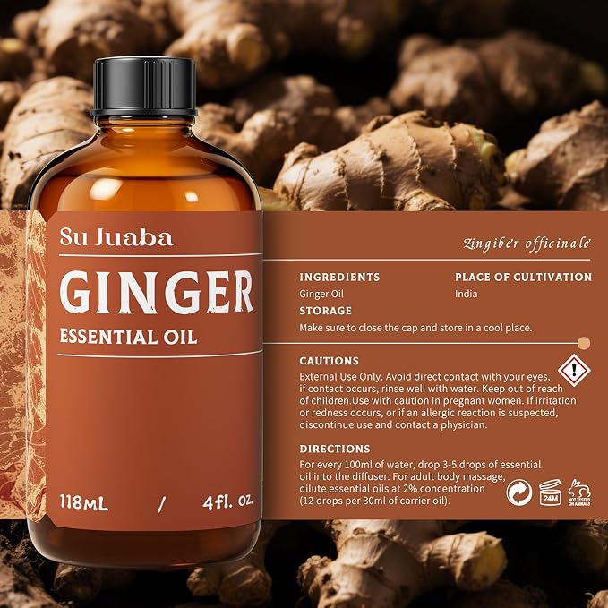 SU JUABA Ginger Oil 4 Fl Oz for Massage, Diffuser, Aromatherapy, Hair & Skin Care - 118ML