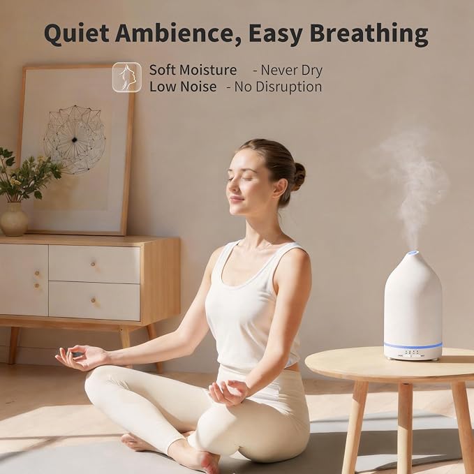 URPOWER 180ML Ceramic Essential Oil Diffuser - Ultrasonic Aromatherapy Diffuser with 7-Color LED Lights, Auto Shut-Off & 2 Mist Modes, Quiet Scent Diffusers for Home, Office, Yoga