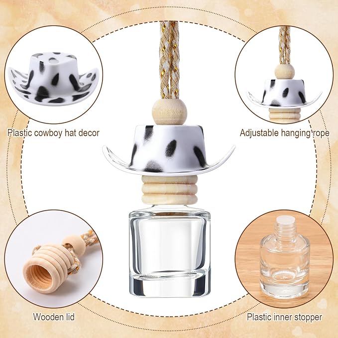 3 Pieces Cowboy Hat Air Freshener Hanging Cow Diffuser Bottles Western Country Refillable Empty Glass Perfume Bottle Car Interior Rear View Mirror Accessories(White, Spots, Pink,Cow)