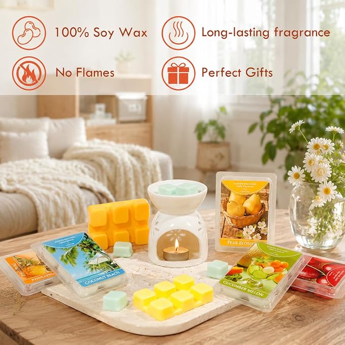SCENTORINI Wax Melts, Scented Wax Cubes for Wax Warmers, Summer Scent Wax Melts, Coconut Beach, Pear Blossom, Cherry, Cucumber Melon, Pineapple, Energizing Citrus, 6 Pack