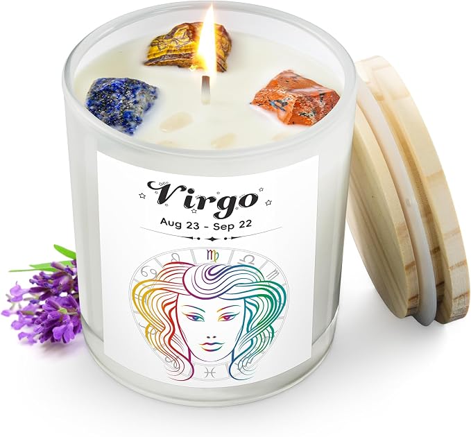 Virgo Gifts for Women, Zodiac Virgo Candle with Healing Crystals,Astrology Birthday Gifts for Women, Mom, Sister, Friends, Meditation, Yoga, Relaxation (7oz)