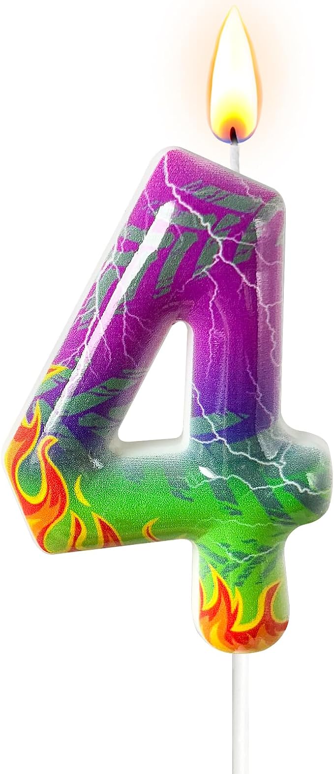 Number 4 Birthday Candle for Cake – Purple Green Flame Design with Lightning & Tire Track Pattern – Off-Road Truck Theme Cake Topper for Birthday Party Decoration