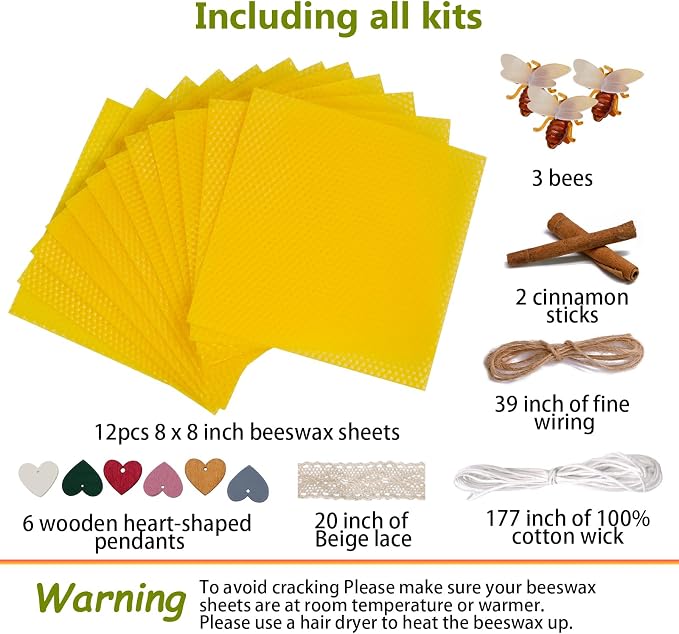 Bingfuego Beeswax Candle Making Kit for Beginners-12 Beeswax Sheets for Candle Making Rolling Kits, Natural Candle Making Kit (Natural Yellow Colors, 8 x 8 inch)