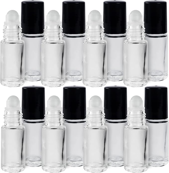 Super Z Outlet Clear (1/6 Oz/5 ml) Plain Glass Container Tubes Roll-On Bottles with Ball Tips and Black Caps for Homemade Lip Care Products, Essential Oils, Cosmetic Gift, Perfumes (24 Pack)