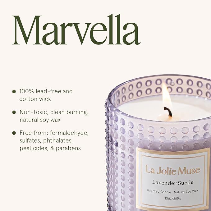 LA JOLIE MUSE Lavender Suede Scented Candles for Home, Natural Soy 55 Hrs | Luxury Jar Candle, Clean Non Toxic, Gift for Women & Men, Relaxing Aromatherapy, Stress Relief, Decorative Purple Candles