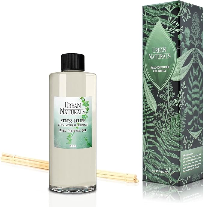 Urban Naturals Reed Diffuser Oil Refill Eucalyptus Spearmint with Lemon Peel, Clary Sage 8 oz + Free Reed Sticks, Made in the USA