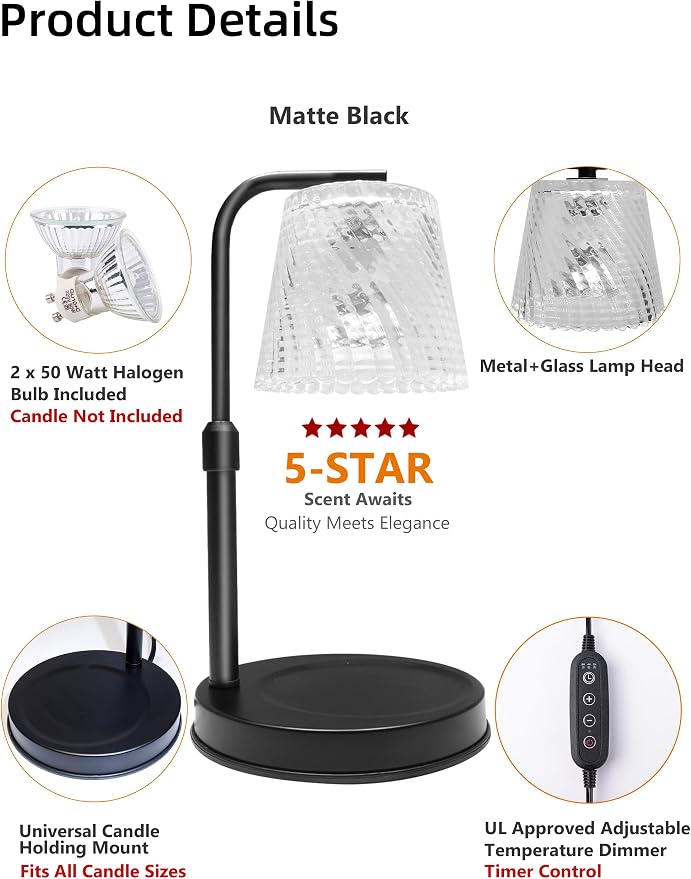 Candle Warmer Lamp with Timer Dimmable - Adjustable Electric Wax Melt Warmer Large Scented Jar Candles Lights, Birthday Gifts for Women, House Warming Gifts New Home Living Room Vintage Decor, Black