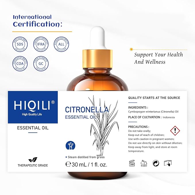 HIQILI 1 Fl Oz Citronella Essential Oil for Aromatherapy Diffuser for Home - 30ML