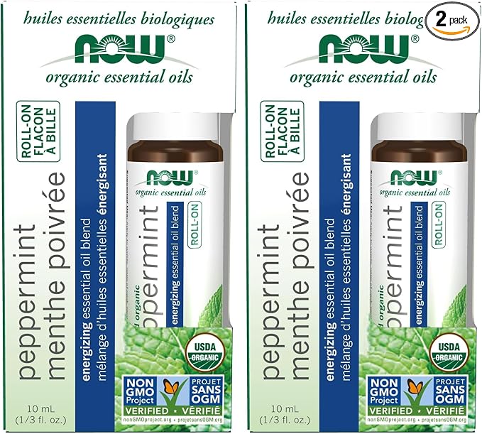 NOW Foods Essential Oils, Peppermint Roll-On, Certified Organic, Energizing Blend, Steam Distilled, Topical Aromatherapy, 10-mL (Pack of 2)
