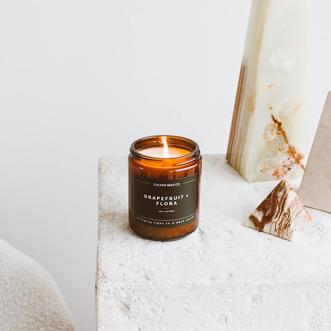 Calyan Wax Co. Grapefruit & Flora Scented Candle - 57 Hour Burn - Luxury Clean Soy Wax Candles - Long Lasting Amber Glass Jar Candle for Home - 7.2oz