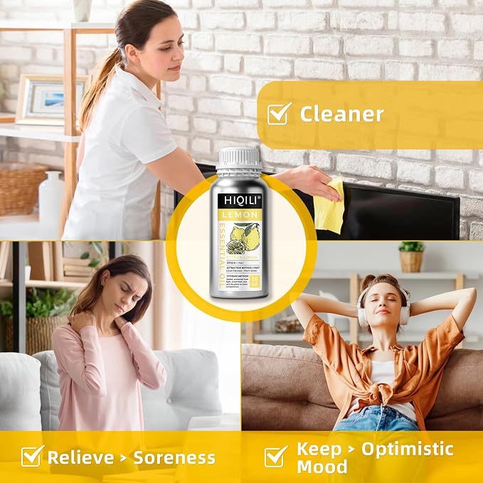 HIQILI Lemon Essential Oil for Cleaning, Degreasing & Household Use, Skin Care, Aromatherapy, Diffuser - 16 Fl Oz