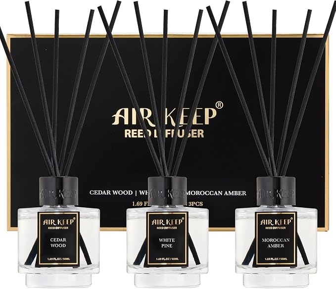 Airkeep Reed Diffuser Set of 3 for Bathroom Air Fresheners, Oil Diffuser Sticks | Cedar Wood,White Pine Moroccan Amber Scent Diffuser(1.7 fl oz*3) Fragrance with 18 Sticks Defusers | Shelf Decor