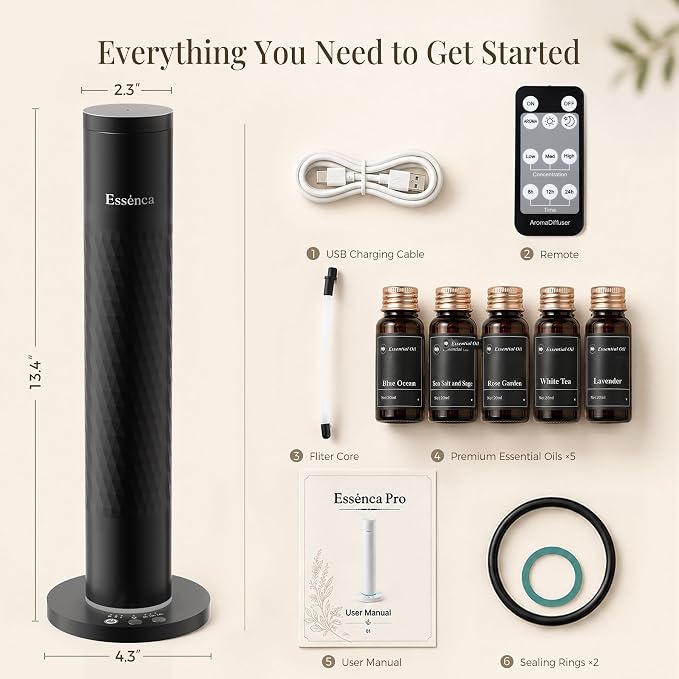 Waterless Scent Diffuser with 5 Essential Oils Starter Kit, Cold Air Diffuser Up to 1000 Sq.ft for Large Room, Home Office, Hotels,Spas, Cordless Scent Machine with App Control, Mood Light