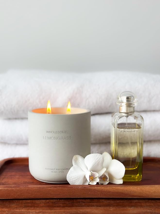 WHOLESOME. Lemongrass Scented Non-Toxic Candles for Home, 2 Wicks Natural Coconut Wax Candle Eco-Friendly, Luxury Aromatherapy Candles Stress Relief, 16 oz Large Concrete Jar, 90 Hours Burn