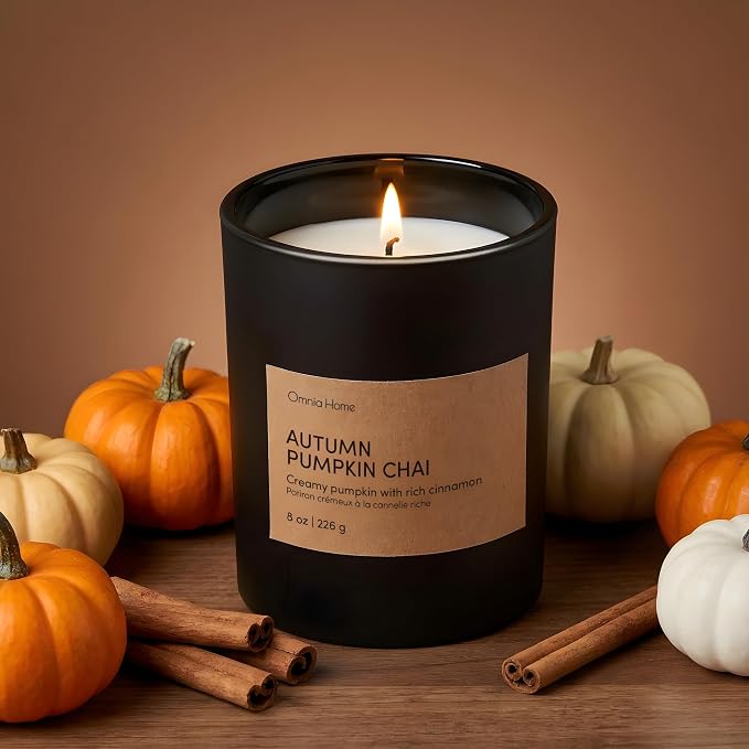 Scented Soy Wax Candle – Spiced Candles for Home Scented with Notes of Cinnamon, Pumpkin Cream & Soft Wood Notes – Seasonal Home Decor & Gift (Autumn Pumpkin CHAI, Black, 8 oz)