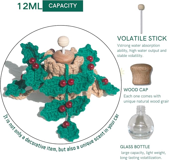 ROFIGL Handmade Crochet Car Air Freshener - Crochet hanging holly plants with 12ml Empty Refillable Oil Diffuser Bottle, Green Car Accessory for Mirror Decor and Home Decor