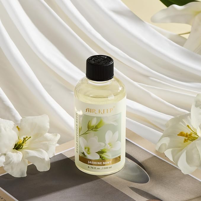 Airkeep Reed Diffuser Oil Refill with Diffuser Sticks, 6.76 Fl Oz(200ml) Jasmine Mint Scented Oils, Aroma Therapy, Home Fragrance & Air Freshener, Office Décor, Decoration