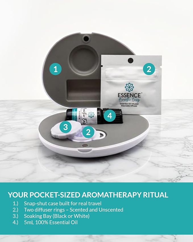 Essence Pearl Travel Case | Breathe Easy Essential Oil | Aromatherapy Nasal Diffuser & Essential Oil Carrying Case | Peppermint & Eucalyptus Blend | Travel-Friendly Kit | White Pod