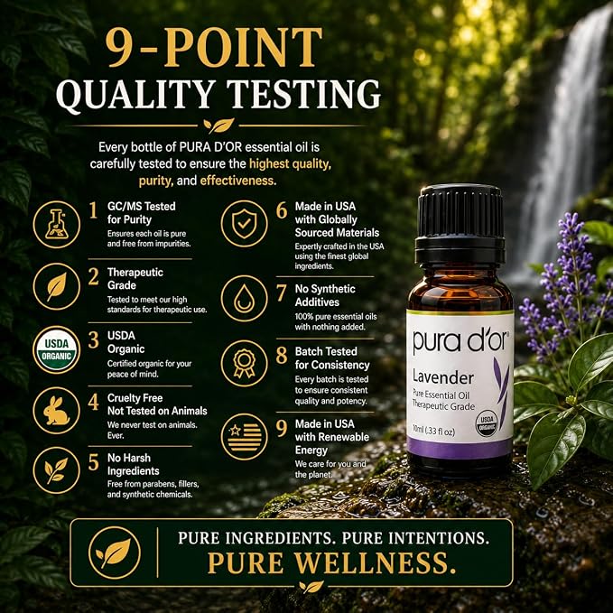 PURA D'OR Organic Perfect10 Essential Oils Set - 10x 10mL Wood Box Aromatherapy Gift Set - 100% Pure Therapeutic Grade for Relaxation and Wellness (Lavender, Peppermint, Eucalyptus, Tea Tree & More)