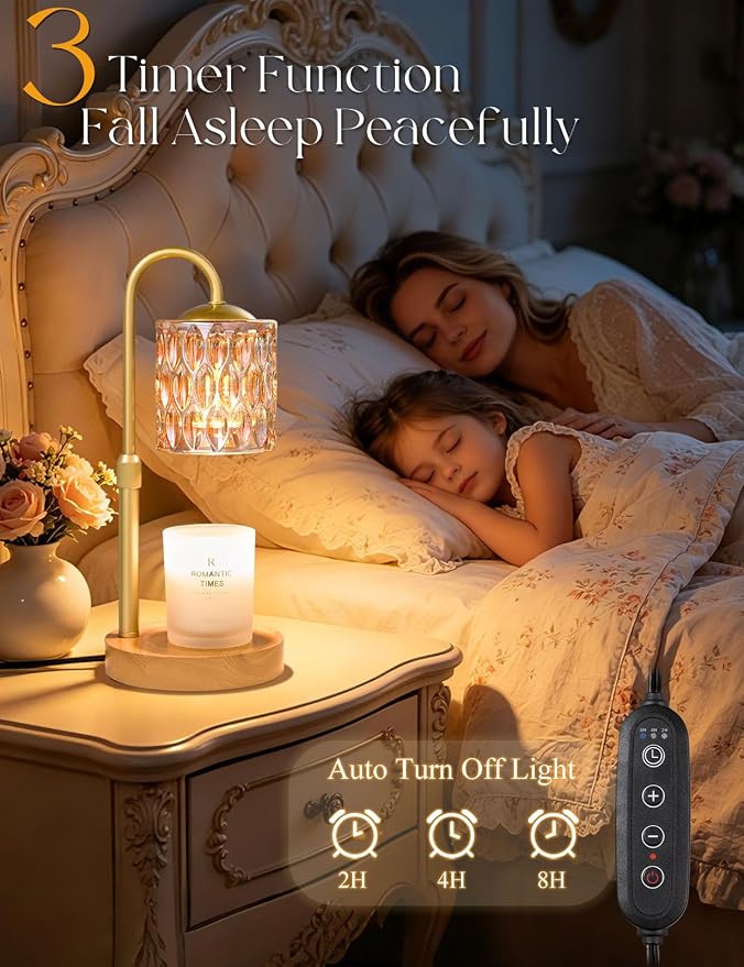 Briever Dimmable Candle Warmer Lamp with Timer, Height Adjustable Electric Candle Wax Warmer, Birthday Gifts for Women Mom, House Warming Gifts New Home Decor, Solid Wood Base, Natural Wood Champagne