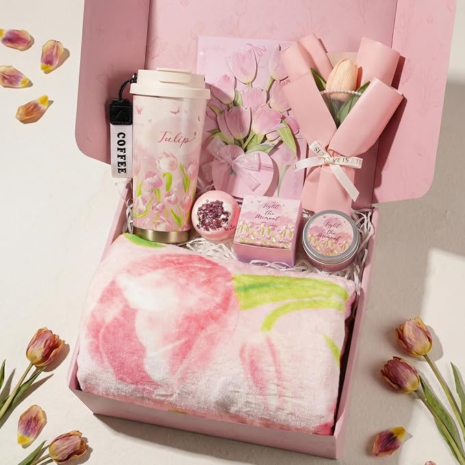 Mothers Day Gifts for Women, Tulip Gift Basket for Mom Self Care Spa Gift Set Get Well Soon Care Package Recovery Birthday Teacher Appreciation Gifts Thinking of You for Wife Girlfriend Sister