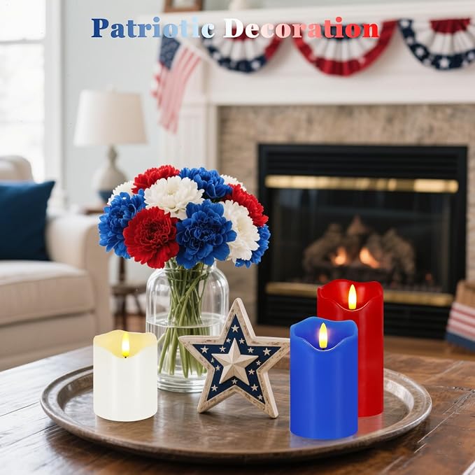VEEKI 4th of July Flameless Candles, Set of 3 Patriotic LED Candles with Remote & Timer, Flickering Electric Pillar Candles Battery Operated, Red White Blue Candles for Home Independence Day Decor