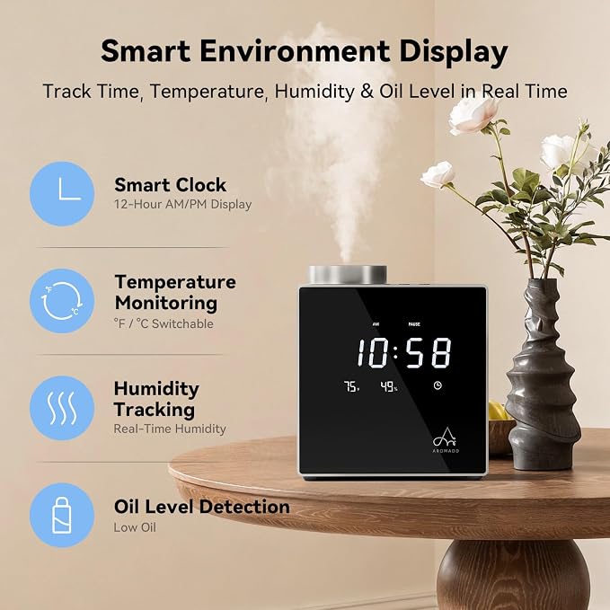 2026 Smart Waterless Diffuser, 2000 Sq.Ft Cold Air Scent Diffuser with Clock & Environmental Display | 7 Fragrance Levels, 9 Timer Settings, Hotel Collection Diffuser for Home & Large Rooms (Silver)