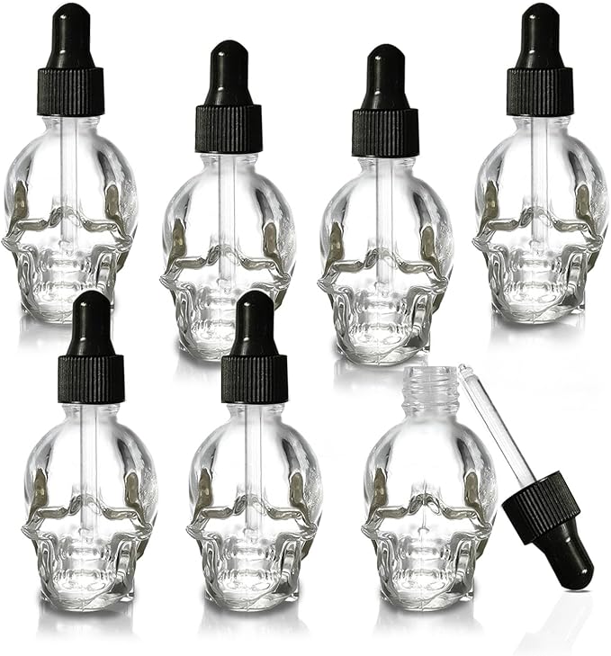 7 pcs Set 10ml Mini Skull Glass Dropper Bottle Leakproof Essential Oils Bottle for Storage and Travel (7pcs transparency skull bottle)