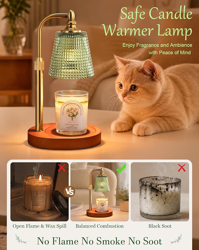 Hong-in Candle Warmer Lamp with Timer Dimmer, Birthday Gifts for Women, House Warming Gifts for New Home, Vintage Room Decor, Adjustable Height Candle Lamp, Wax Warmer for Scented Jar Candles, Green