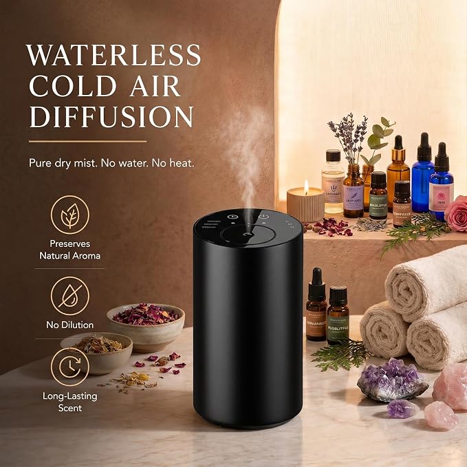Oxdigi Waterless Essential Oil Diffuser, Portable Scent Air Machine with Timer & 3 Mist Modes for Home, Car, Office, Bedroom and Hotel, Black