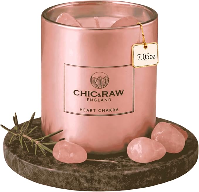 Aromatherapy Candle with 2 Pure Rose Quartz Gems, Scented Candle in Rose Gold, Luxury Long-Lasting Burn Soy Wax, White Tea & Ginger Candle for Home Scented, Unique Healing Gifts,7.05oz
