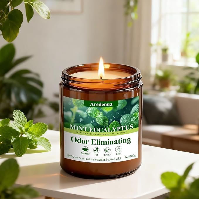 Mint Eucalyptus Odor Eliminating Candles | Eliminates 95% of Pet, Smoke, Food & Other Smells – Air Freshing Scented Candles - Gifts for Women Men, 50 Hour Burn time - 7 oz Natural Soy Wax
